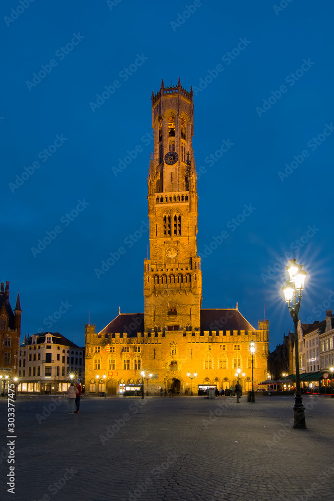 Belfort tower on Market square at night, Bruges, Belgium