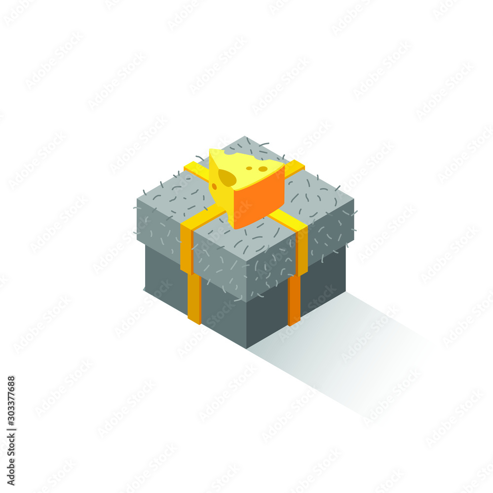 Vector isometric gift box for mouse with cheese on top. 2020 new year present idea Vector isometric gift box for mouse with cheese on top. 2020 new year present idea