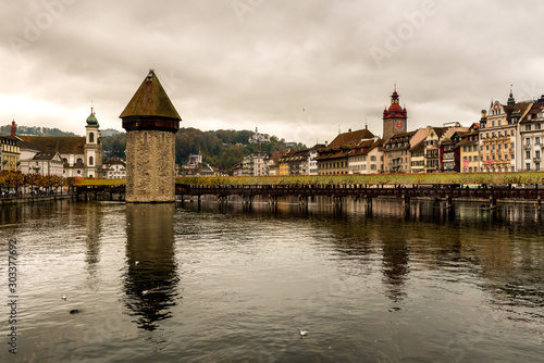 Lucerne historic city center view of famous Chapel Bridge and lake Vierwaldstattersee, Canton of Lucerne, Switzerland