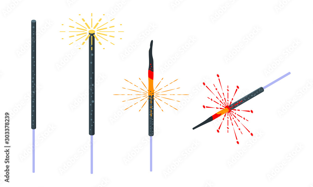 Sparkler icons set. Isometric set of sparkler vector icons for web design isolated on white background Sparkler icons set. Isometric set of sparkler vector icons for web design isolated on white background