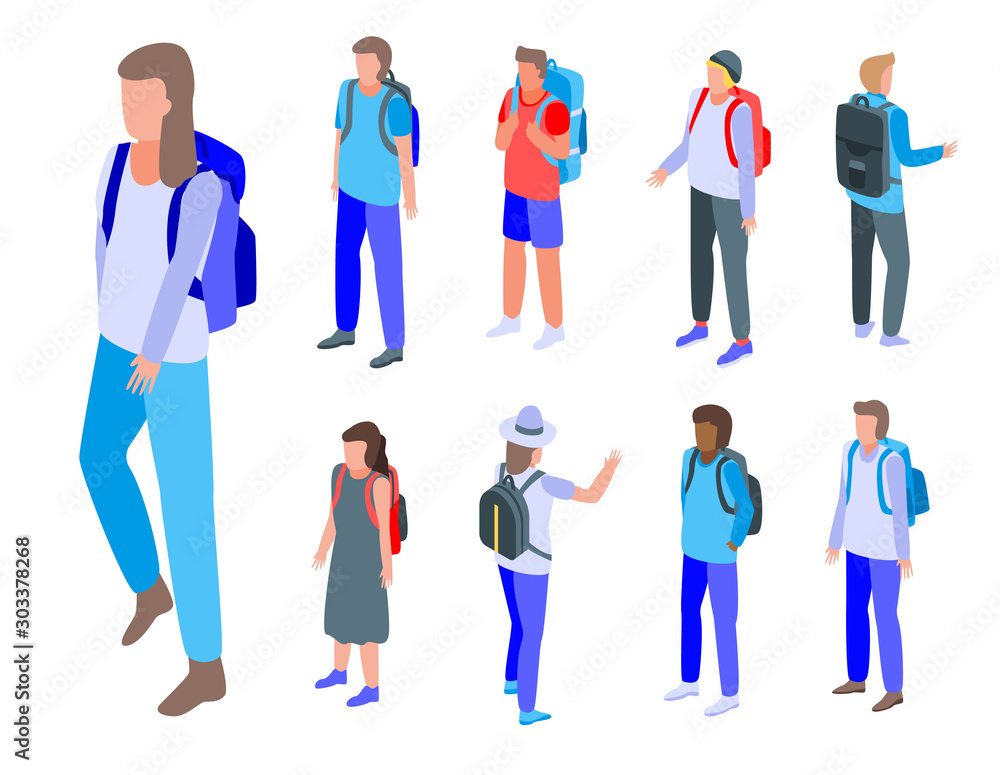 Backpack icons set. Isometric set of backpack vector icons for web design isolated on white background
