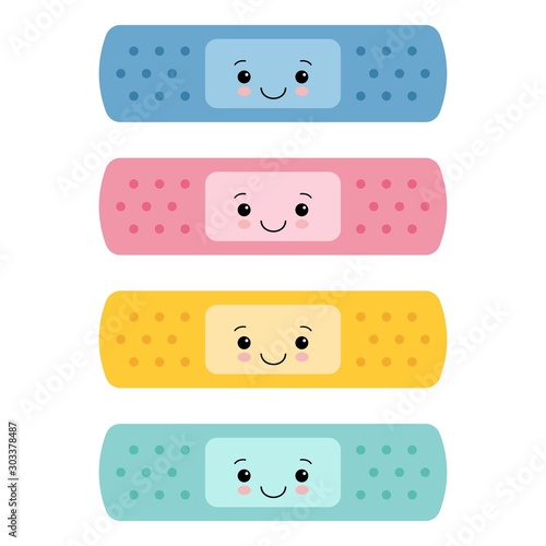 Set of color kawaii band aid icon on white background. vector illustration