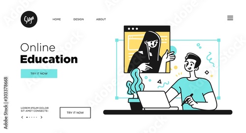 Online Education Concept. Web page templates for Education courses. Outline vector style.