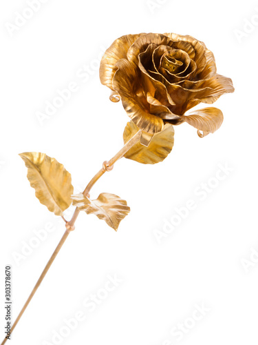 golden metal rose isolated on white background