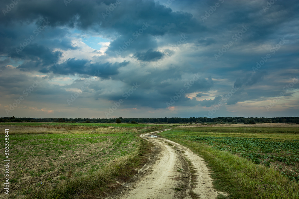 Country road through fields, horizon and dark clouds on sky Country road through fields, horizon and dark clouds on sky