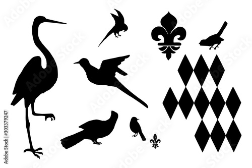 Drawn birds silhouettes kit in medieval tapestries style on white background