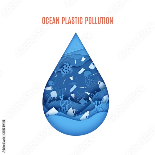 Ocean plastic pollution poster. Paper cut drop form depth under water sea cave with fishes, coral reef, seabed in algae, waves disposable tableware rubbish. Vector concept World Oceans Day 8 June.