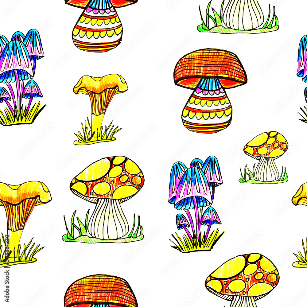 Children's drawing style, pattern mushrooms of different shapes, edible mushrooms, toadstools. Multi-colored set of mushrooms, mushroom glade, red mushroom, yellow mushroom. Wallpaper, children's room Children's drawing style, pattern mushrooms of different shapes, edible mushrooms, toadstools. Multi-colored set of mushrooms, mushroom glade, red mushroom, yellow mushroom. Wallpaper, children's room
