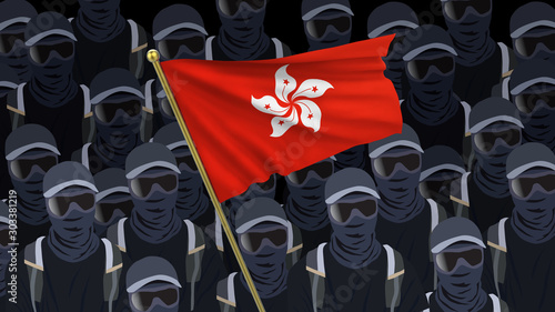 Hong Kong protests 2019 concept, hong kong flag on front of large china flag. 3D illustration photo