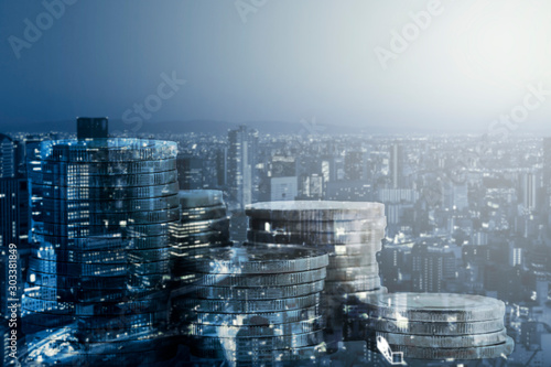 Double exposure money pile coins on capital financial city background