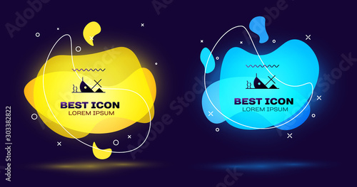 Black Sunken ship at the bottom of the sea icon isolated on blue background. Set abstract banner with liquid shapes. Vector Illustration