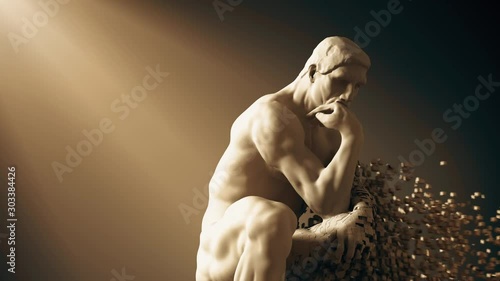 4K. Sculpture Thinker Desintegrated Into 3D Pixels. 3D Animation. 3840x2160. photo