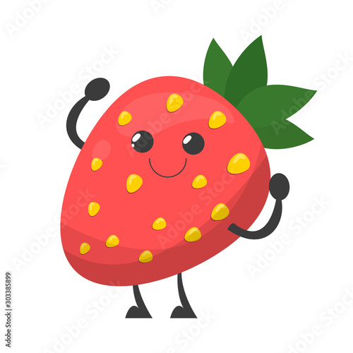 Happy strawberry character with a face vector isolated. Red berry