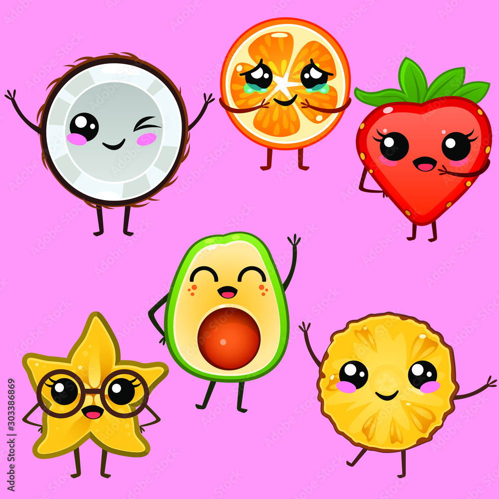 Funny cartoon fruits icons set on pink background