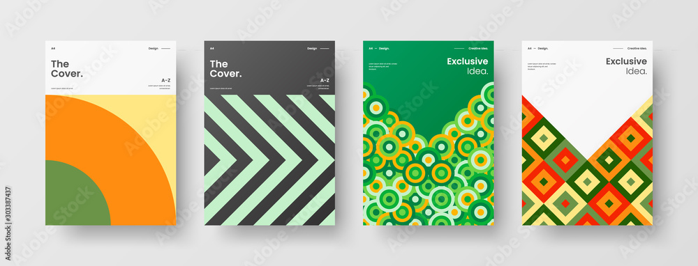 Obraz premium Business presentation vector A4 vertical orientation front page mock up set. Corporate report cover abstract geometric illustration design layout bundle. Company identity brochure template collection.