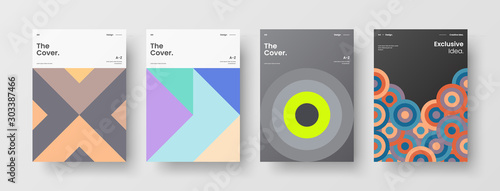 Business presentation vector A4 vertical orientation front page mock up set. Corporate report cover abstract geometric illustration design layout bundle. Company identity brochure template collection.