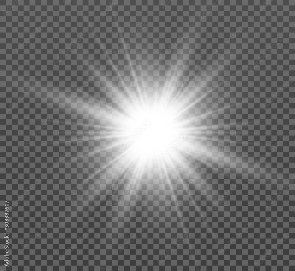  White beautiful light explodes in a transparent explosion. Vector, bright illustration for a perfect effect with sparkles. Bright Star. Transparent gloss gloss gloss, bright flash.