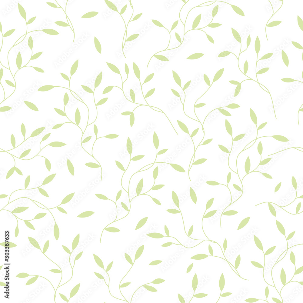 Decorative seamless pattern with green sprouts with leaves on white background. Ideall for fabric, wallpaper, wrapping paper, pattern fills, textile, web page textures. Vector Eps 10