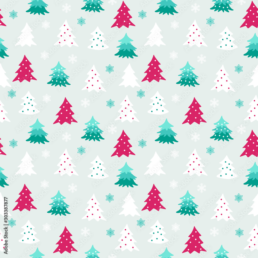 Winter seamless pattern with white green and purple varied christmas trees and snowflakes. Graphic design element for wrapping paper, prints, scrapbooking, simple cartoon EPS10 vector.