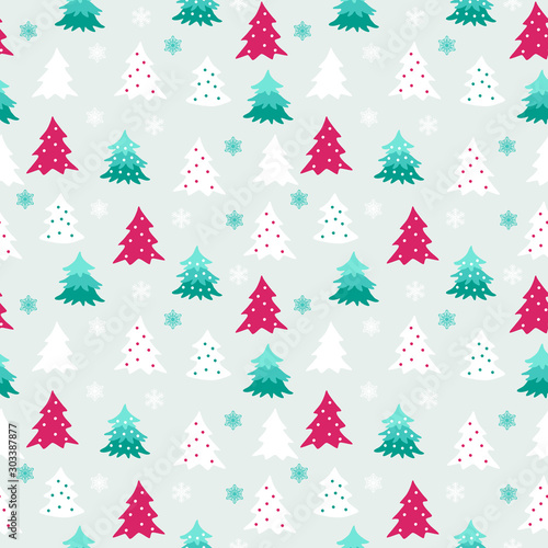 Winter seamless pattern with white green and purple varied christmas trees and snowflakes. Graphic design element for wrapping paper, prints, scrapbooking, simple cartoon EPS10 vector. © Kristyna