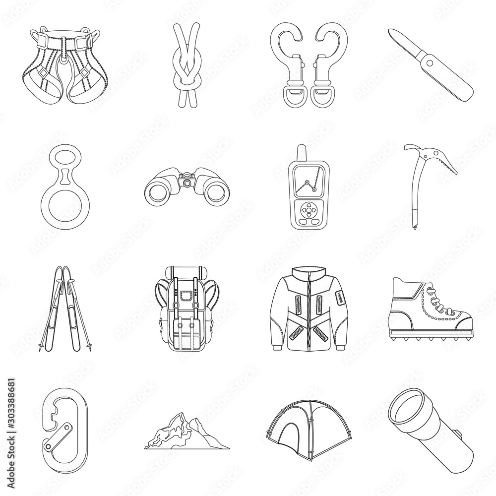Vector illustration of mountaineering and peak sign. Set of mountaineering and camp vector icon for stock. Vector illustration of mountaineering and peak sign. Set of mountaineering and camp vector icon for stock.