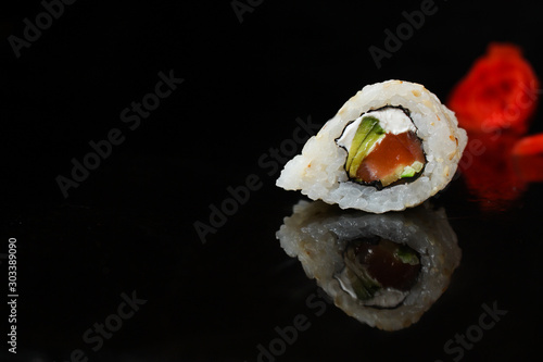 sushi rolls, traditional Japanese food (rice, nori and seafood) menu concept. food background. copy space. Top view