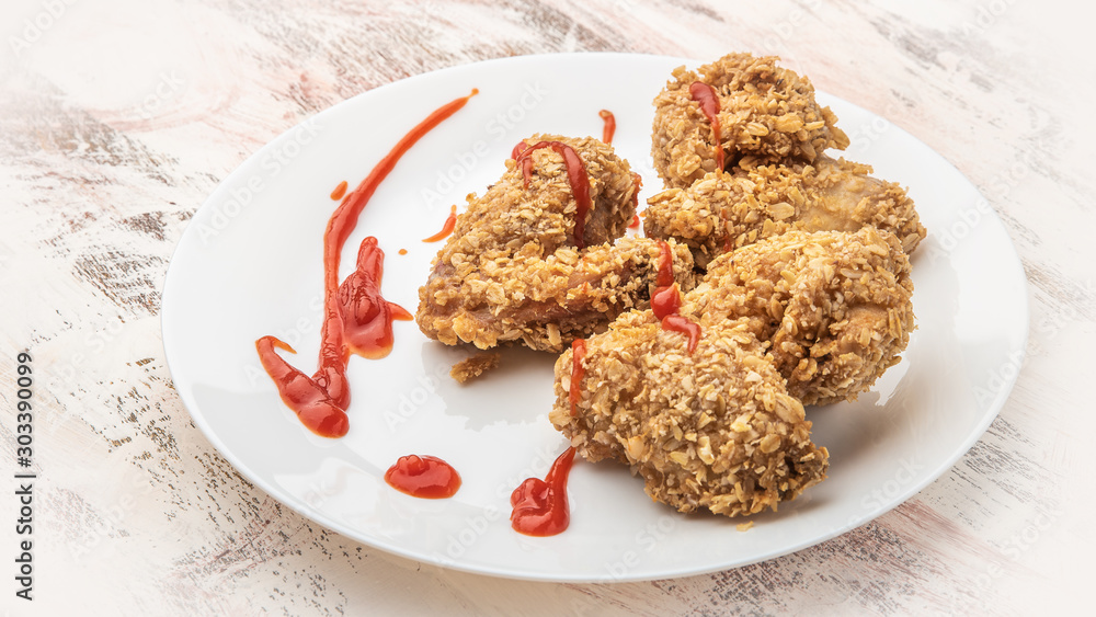 Food deep fried chicken on a white plate with a splash of tomato ketchup on a white background Food deep fried chicken on a white plate with a splash of tomato ketchup on a white background