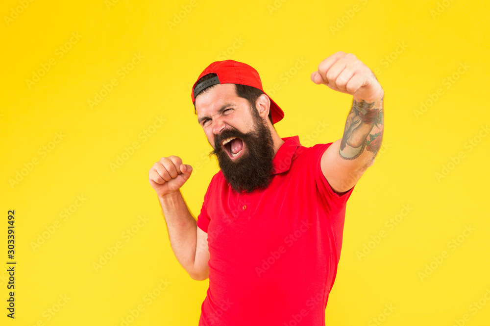 happy emotional guy. male summer fashion. Barber salon and facial hair care. being trendy and brutal. Beard and mustache grooming. happy mature hipster yellow backdrop. bearded man celebrate success - obrazy, fototapety, plakaty 