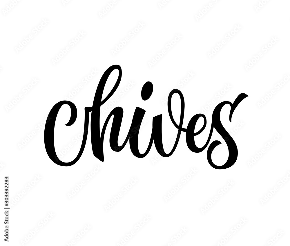 Chives - hand drawn spice label. Isolated calligraphy scrypt stile word. Vector lettering design element. Labels, shop design, cafe decore etc Chives - hand drawn spice label. Isolated calligraphy scrypt stile word. Vector lettering design element. Labels, shop design, cafe decore etc