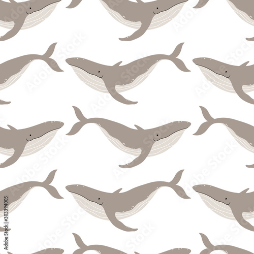 Whale seamless pattern. Vector cartoon illustration of a marine animal in a simple Scandinavian style. The limited beige palette is ideal for printing on fabric, textile, wrapping paper