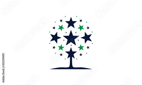 Abstract tree made of blue and green stars which connect to tree trunk and roots that meet the soil