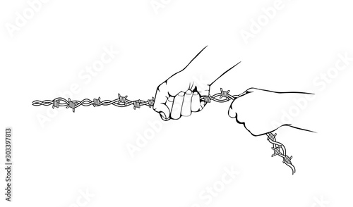 Male hands strongly squeeze, pull metal barbed wire as a rope. Slavery, dependencies, prohibition Symbol. Hand drawn outline vector. Concept of the struggle for the right, liberation from dependence 