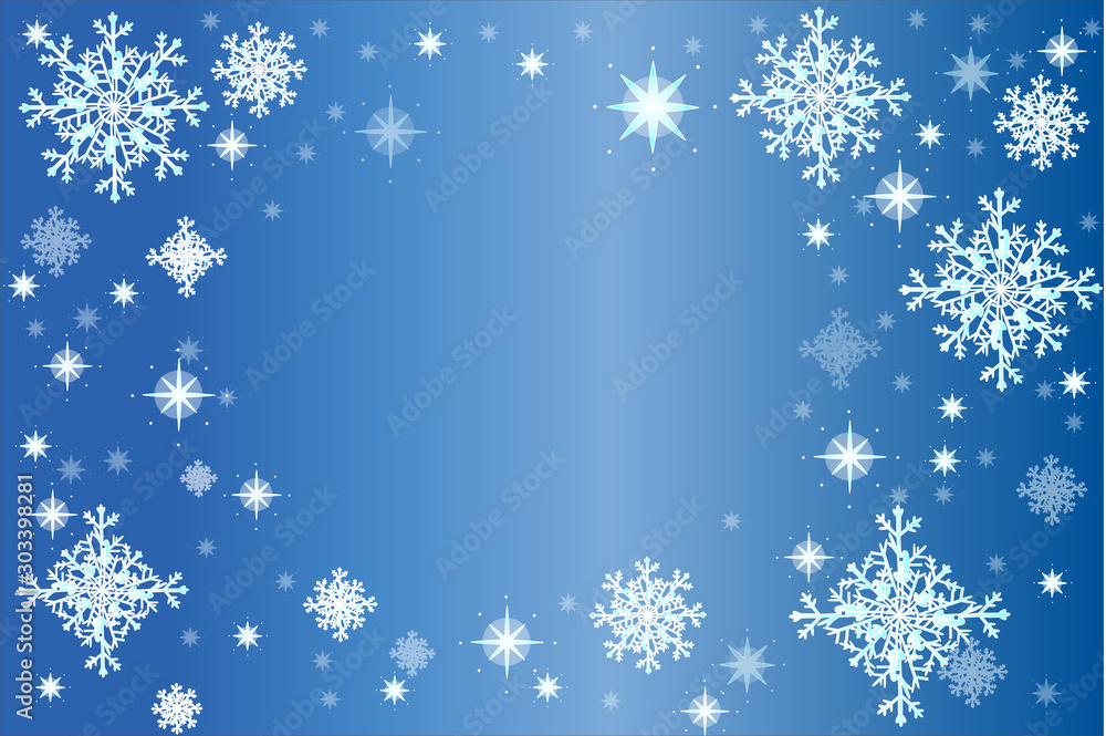 雪の結晶フレーム – 青、背景、光、降雪、雪片