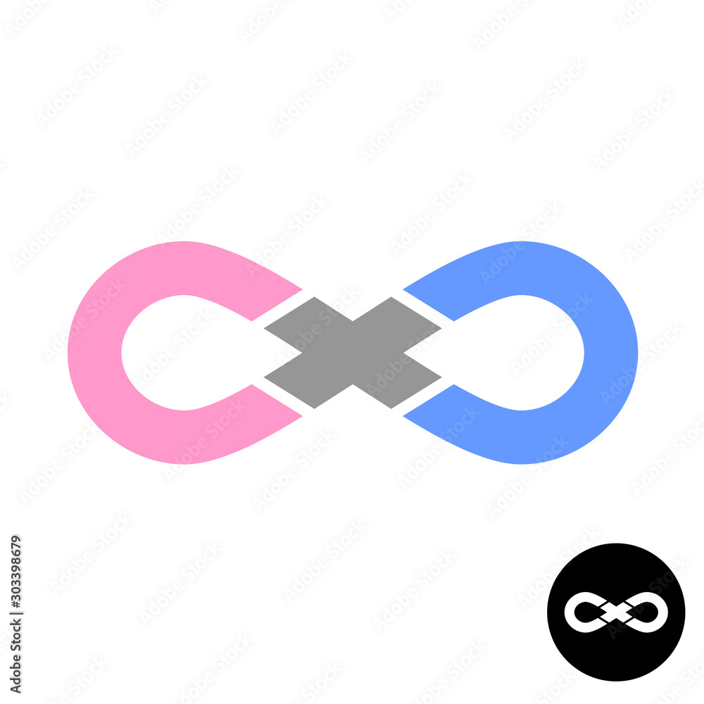 Infinity logo with plus or cross symbol in a center. Male and female friendship forever concept sign. Infinity logo with plus or cross symbol in a center. Male and female friendship forever concept sign.