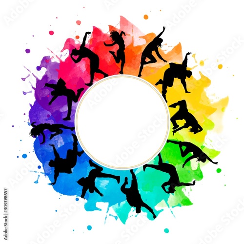 Detailed illustration silhouettes of expressive dance colorful group of people dancing. Jazz funk, hip-hop, house dance. Dancer man jumping on white background. Happy celebration