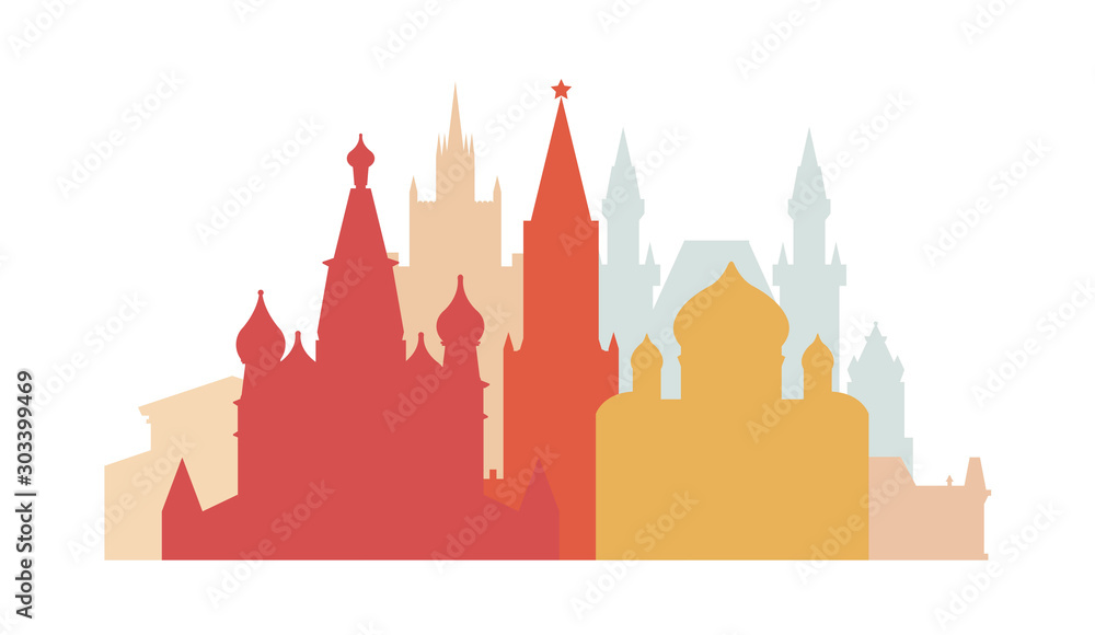 Russia, the city of Moscow. The architecture of the city. Spasskaya Tower, Cathedral of Christ the Savior, St. Basil's Cathedral, Bolshoi Theater, Moscow State University. Vector illustration. Russia, the city of Moscow. The architecture of the city. Spasskaya Tower, Cathedral of Christ the Savior, St. Basil's Cathedral, Bolshoi Theater, Moscow State University. Vector illustration.