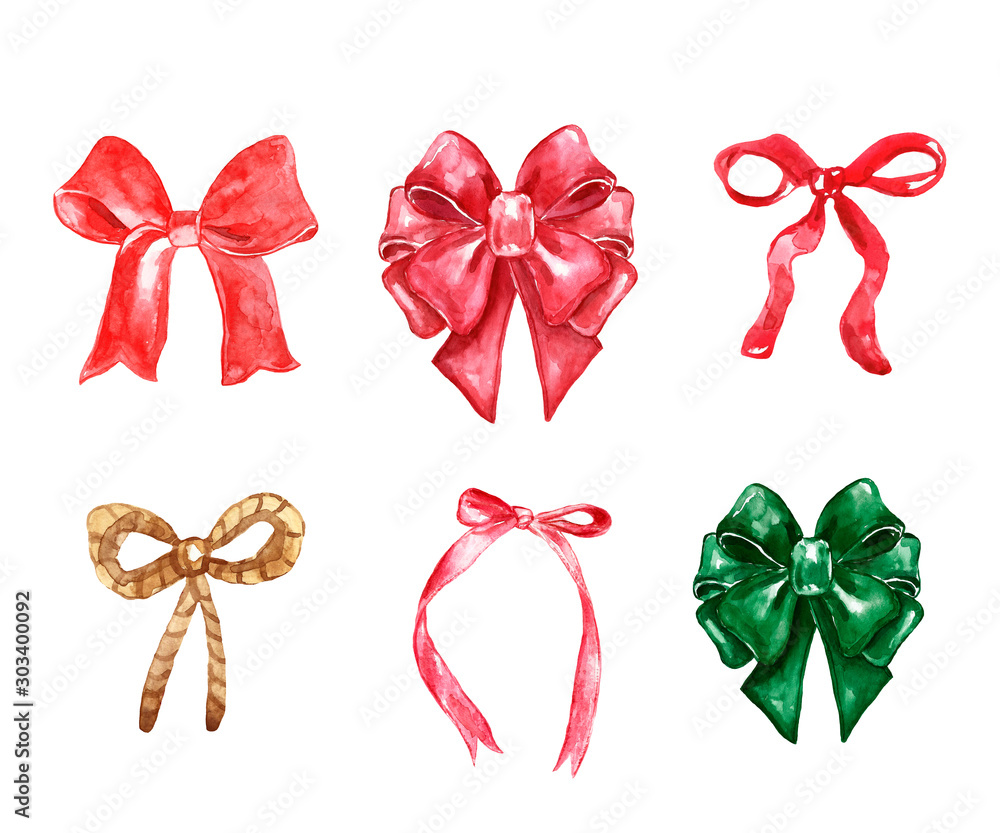 Φωτογραφία Watercolor set of hand painted festive holiday ribbons and bow ties, isolated on white background