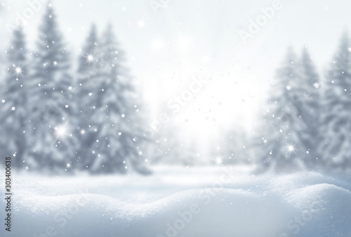 Winter background .Merry Christmas and happy New Year greeting card with copy-space. Christmas landscape with snow and fir tree