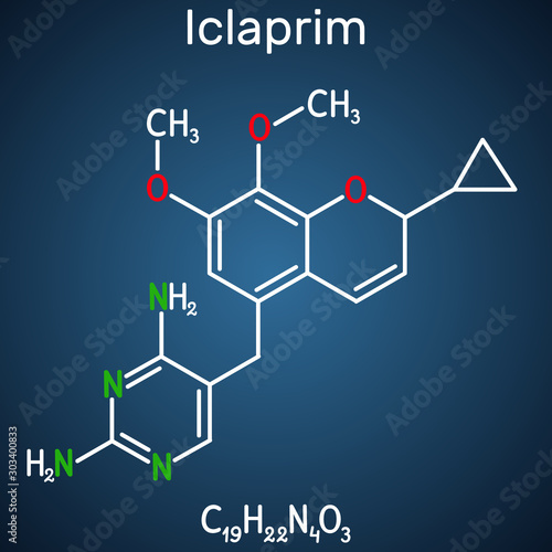 Iclaprim molecule. It is an antibiotic drug, is active against Gram positive organisms. Structural chemical formula on the dark blue background