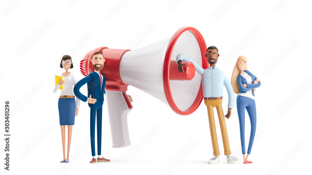 Concept of creative team. 3d illustration.  Hiring and recruitment concept with characters. Group of people shouting on megaphone - obrazy, fototapety, plakaty 