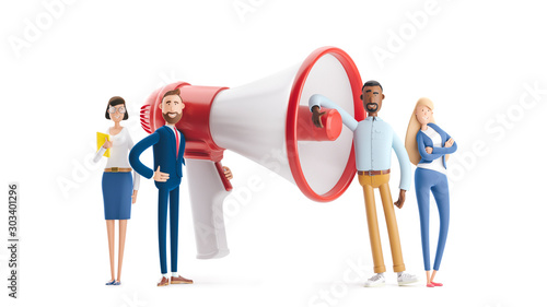 Concept of creative team. 3d illustration. Hiring and recruitment concept with characters. Group of people shouting on megaphone