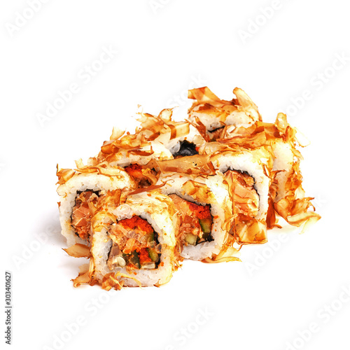 Set of traditional japanese rolls on a white background.