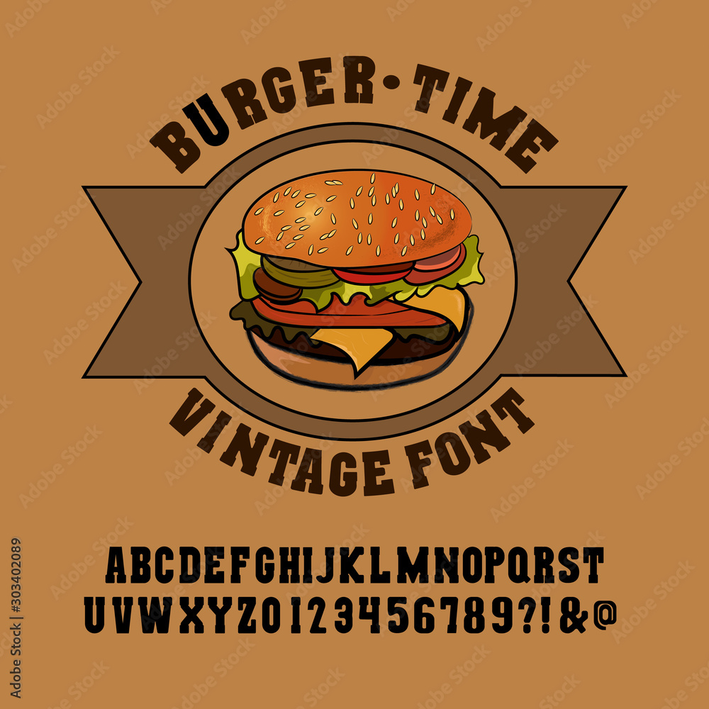 Vecteur Stock Font Burger. Vintage typeface design. Fashion type. Flare  serif. Textured alphabet. Modern display vector letters. Drawn in graphic  style. Set of Latin characters, numbers, punctuation. | Adobe Stock