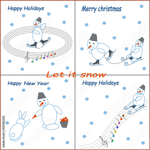Four winter cards with happy snowmen skating, sledging and laughing.