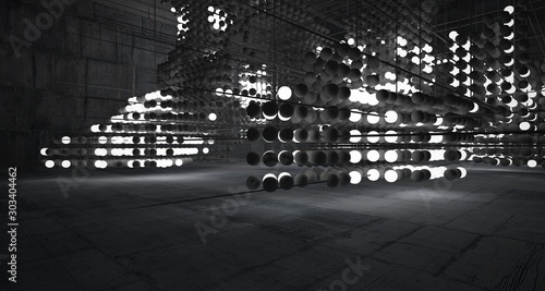 Abstract architectural concrete interior from an array of spheres with neon lighting. 3D illustration and rendering.