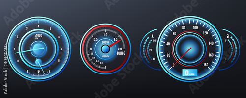Car speedometer, tachometer for dashboard. Analog device for measuring speed. Vector illustration