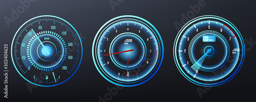 Car speedometer, tachometer for dashboard. Analog device for measuring speed. Vector illustration