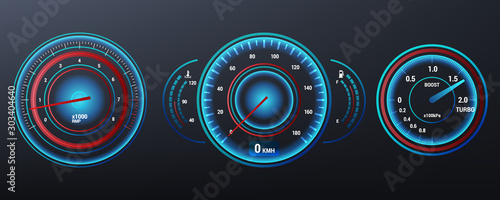 Car speedometer, tachometer for dashboard. Analog device for measuring speed. Vector illustration