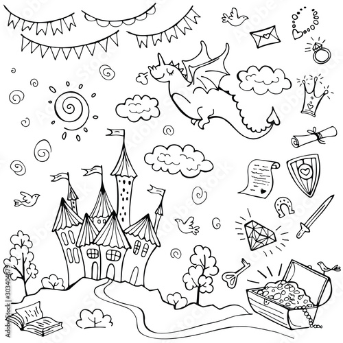 Hand drawn doodle dragon and fairytale set isolated on white. Vector illustration. Perfect for invitation, greeting card, coloring book, textile print. © Lida
