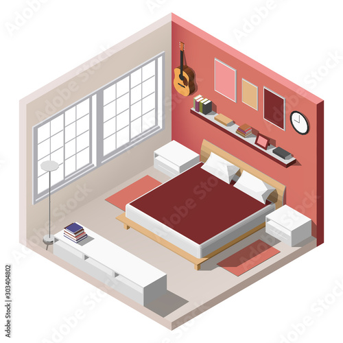 Isometric interior, room of a house, cutaway icon. light bedroom. Home furniture. bed, windows, books, lamps. Vector illustration